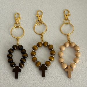 Wood Bead Cross Keychain - Trio of Natural Tones